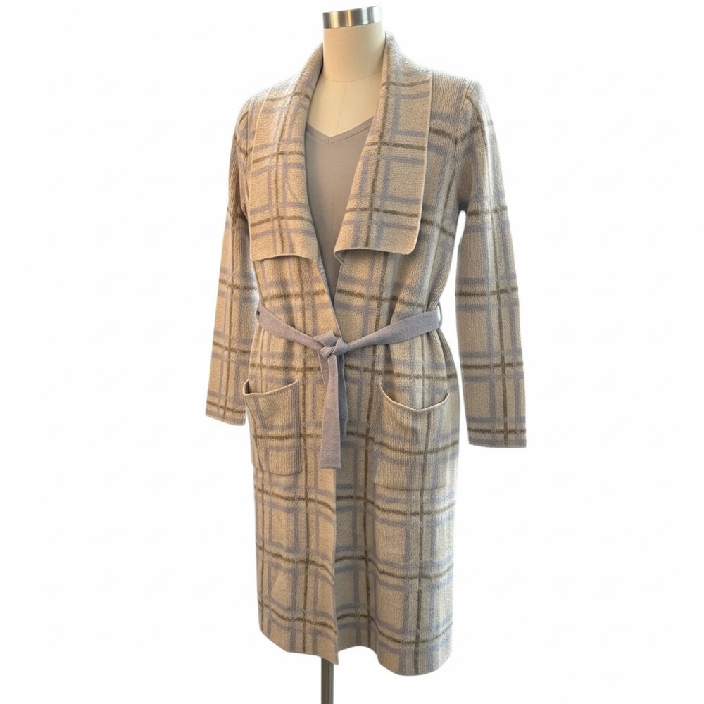 London Kaye Plaid Belted Duster - Gray, Baby Blue and Cream, M